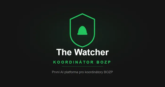 Prezentační vizuál značky The Watcher BOZP se zeleným symbolem ochrany