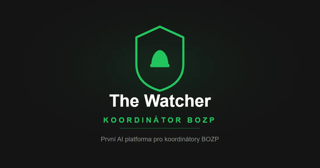 Prezentační vizuál značky The Watcher BOZP se zeleným symbolem ochrany