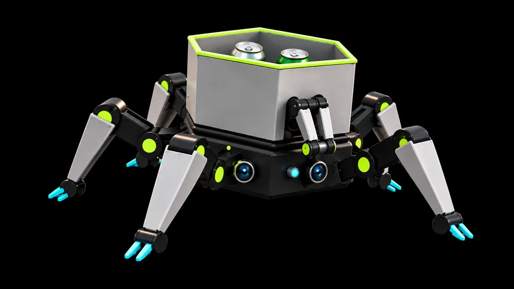 Koncept šestinohého robota Scorpio s košem a kamerami